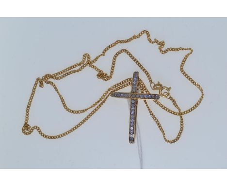 9ct gold & stone set cross pendant & chain, pendant length 33mm, chain circumference 510mm, gross weight 6 grams 