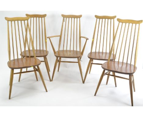 5 Ercol Goldsmith dining chairs. 4x model 369 1x model 369a. Natural finish, with vintage blue label. w49cm d56cm overall hei