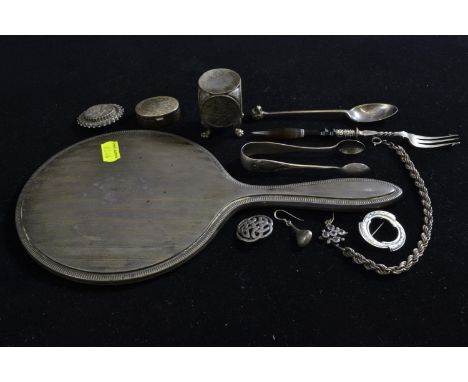 Various silver items including vanity mirror, sugar nips, dog finial spoon, pill box, three brooches, bracelet & two single e