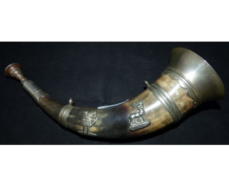A horn bugle with nickel mounts; a Russian niello work ornament dagger
