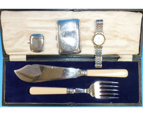 A silver cigarette case and Vesta box; a pair of silver plated fish servers; a gent's Rotary watch