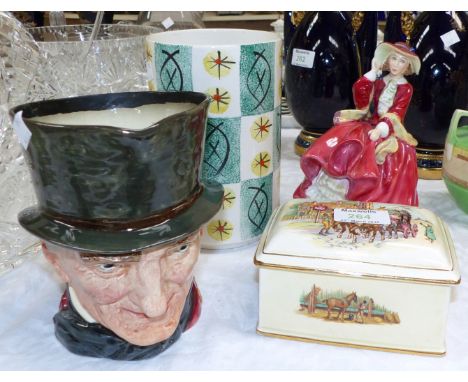 A Royal Doulton Top o'the Hill figure (a.f.); a Royal Winton musical box; 6 Royal Crown Derby cups and saucers; 2 Arthur Wood