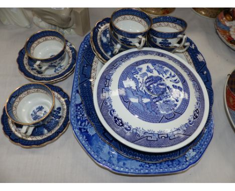 A Booth's "Real Old Willow" part dinner and tea service, 20 pieces approx; other blue and white ware
