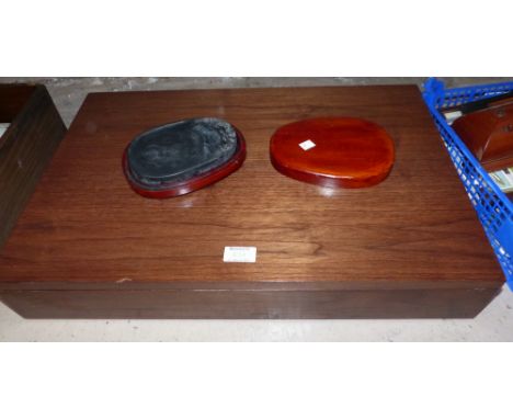 A hardwood "Tray Butler"; a 1930's oak aneroid barometer; a Chinese stone ink pad in wooden box