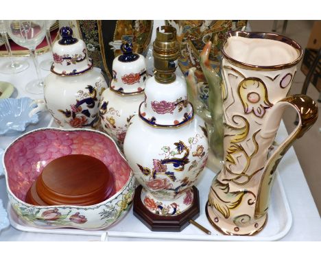 A pair of Mason's Mandalay covered vases and table lamp; a Maling lustre bowl; a 1930's Wade jug; decorative china