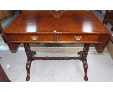 A reproduction burr walnut sofa table with crossbanded decoration, 2 drawers, twin turned columns and splay feet