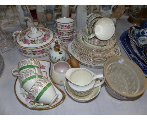 A Paragon bone china floral 19 piece part tea service; a green and gilt tea set; decorative china; a hexagonal cut glass frui