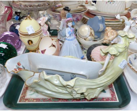 Two Coalport figures; a continental Art Nouveau style figure; Fabergé style eggs; etc.