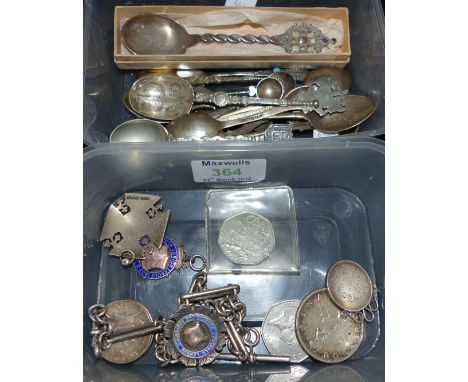 A silver watch chain; 4 silver fobs; 4 coins