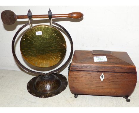 An early 19th century rosewood 2 division tea caddy; a table gong