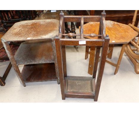A 4 division oak stick stand; 2 oak occasional tables