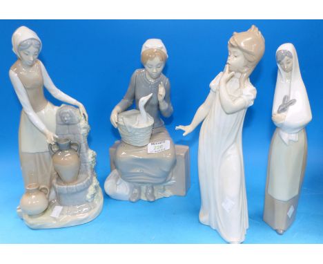 Two large Nao groups:  girl with water pot, and girl with duck in basket; 2 other Nao figures