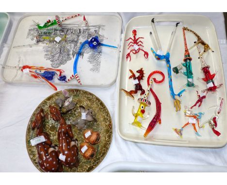 A selection of Murano coloured glass animals and figures: giraffes; jester etc.; 2 Royal Doulton Pekingese dogs; other cerami