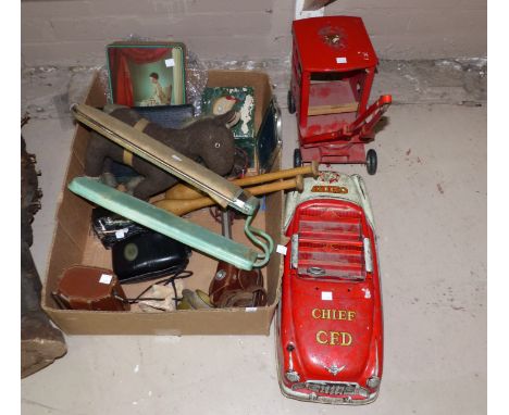 A large tin plate vintage car and other vintage toys etc including Monopoly