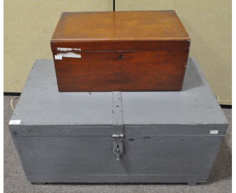 A mahogany box and a grey painted trunk