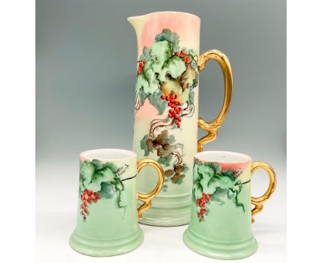 Includes 1 hand painted pitcher colored in mint green, blush, red and natural brown with gilt handle - JPL France backstamp a