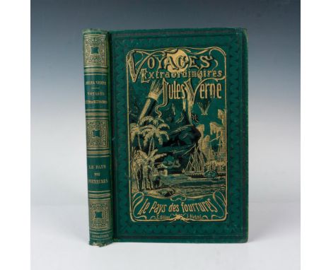 Handsome volume from Hetzel's French edition A l'obus, green cover, from the Voyages Extraordinaires series by Jules Verne. I