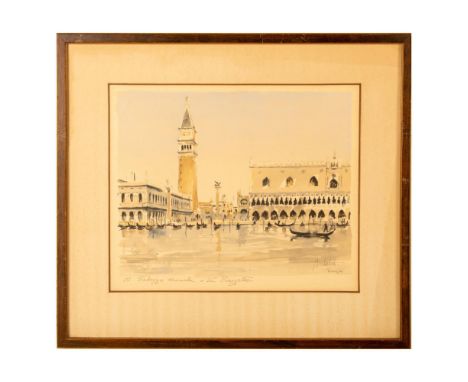 Original watercolor on paper by French artist Herbelot that represents the Doge's Palace and Piazza from the San Marco Basin 