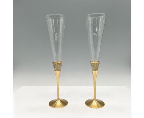 Pair of clear smooth crystal extending to crystal encrusted gold toned metal base. Waterford acid mark. This item has its ori