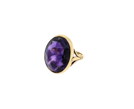 A single stone amethyst ring, head dimensions 22 x 17.3mm, approximate size L, stamped '9CT', weight 8.3g