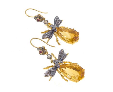 A pair of citrine, diamond and ruby insect ear pendants, length including hook fitting 4.2 x 2.3cm, unhallmarked, stamped '37