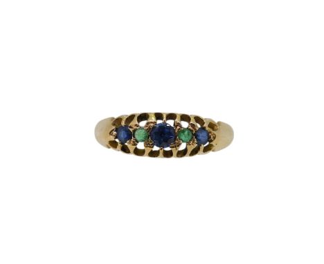 An 18ct gold sapphire and emerald ring, width 6mm, size L½, hallmarked 18ct gold, weight 2.3g
