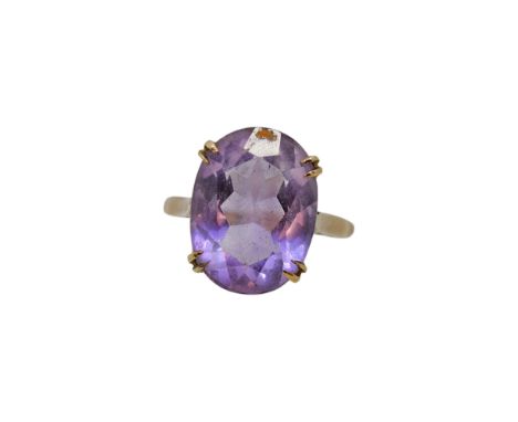 A 9ct gold amethyst single stone ring, oval faceted amethyst approximately 16 x 12mm, size M½, hallmarked 9ct gold, weight 4.