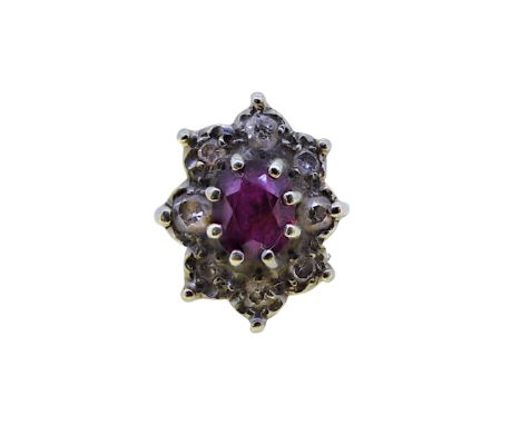 A ruby and diamond cluster ring, head dimensions 14.6 x 11.8mm, size N, unhallmarked, stamped '18CT PLAT', weight 2.8g