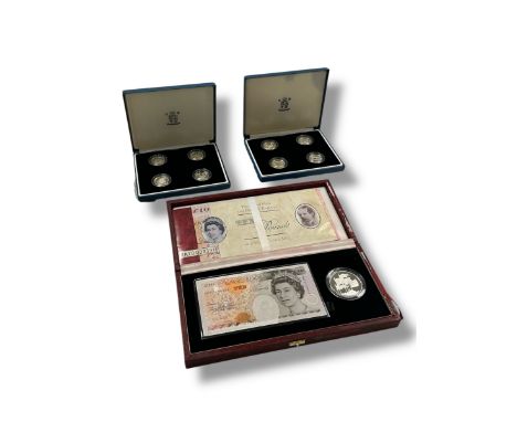 Royal Mint - Two cased proof sets in Sterling silver, together with two banknote sets, all capsuled, cased and with paperwork