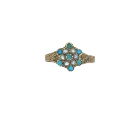 A Victorian turquoise and split pearl ring, head dimensions 10.6 x 9.1mm, size O, hallmarked 9ct gold, weight 1.4g