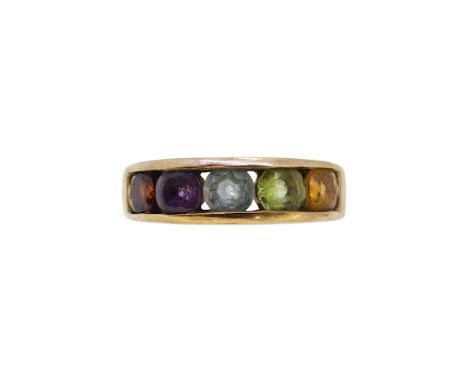 A 9ct gold multi gemstone ring, set with a garnet, amethyst, topaz, peridot and citrine, size M½, hallmarked 9ct gold, weight