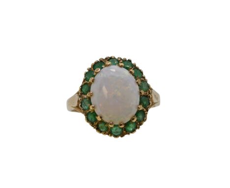 A 9ct gold opal and emerald cluster ring, head dimensions 16.7 x 14.7mm, size O½, hallmarked 9ct gold, weight 4.3g