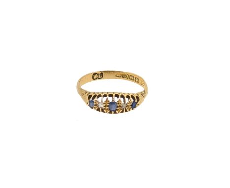An 18ct gold sapphire and diamond ring, width 5.5mm, size L½, hallmarked 18ct gold, dated 1914, weight 2.1g