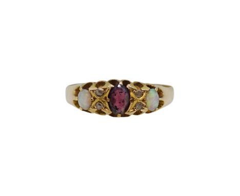 An 18t gold garnet, opal and diamond ring, width 6mm, size M, hallmarked 18ct gold, weight 2.1g