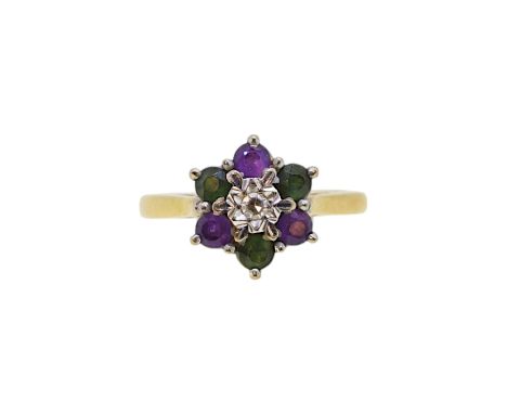 An 18ct gold diamond, amethyst and emerald cluster ring, head diameter 11.7mm, size K, hallmarked 18ct gold, weight 4.5g