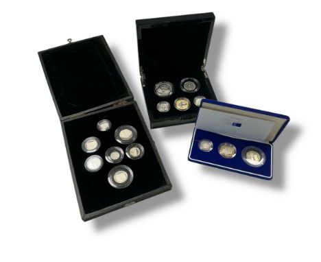 Royal Mint - Three cased piedfort sets of UK coinage in Sterling silver, all capsuled, cased and with paperwork, the first; a