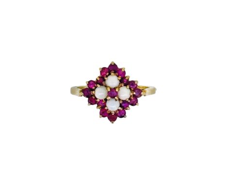 A 9ct gold opal and ruby ring, head dimensions 14.3 x 13.8mm, size L, hallmarked 9ct gold, weight 2.7g