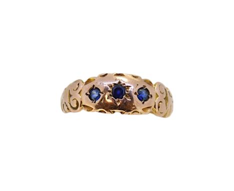A 9ct gold sapphire three stone ring, width 7.1mm, size O, hallmarked 9ct gold, weight 1.9g