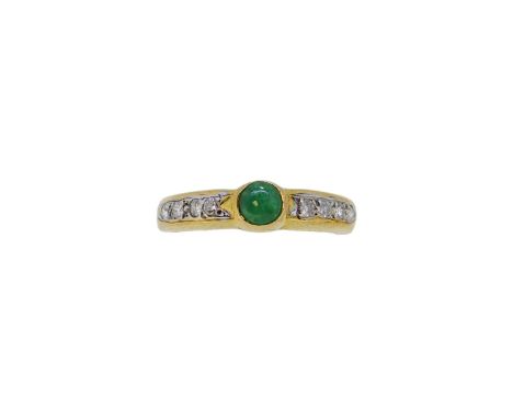 A 9ct gold cabochon emerald and diamond ring, width 5mm, size L, hallmarked 9ct gold, weight 2.4g
