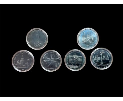 Moscow Olympics 6 coin commemorative set, 1980, individually capsuled and in a communal case