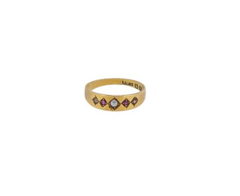 A Victorian 18ct gold ruby and split pearl ring, width 5mm, size N, hallmarked 18ct gold, weight 2.3g