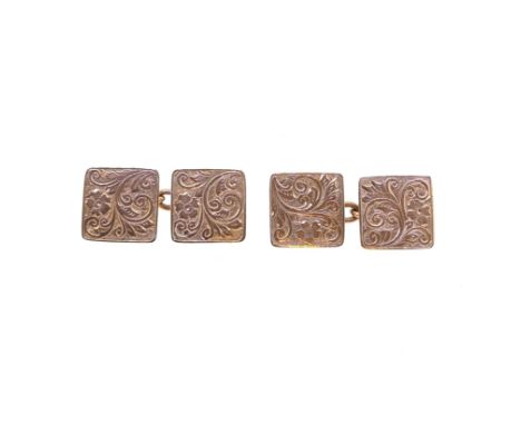 A pair of 9ct gold cufflinks, square panels with engraved decoration, hallmarked 9ct gold, weight 5.6g