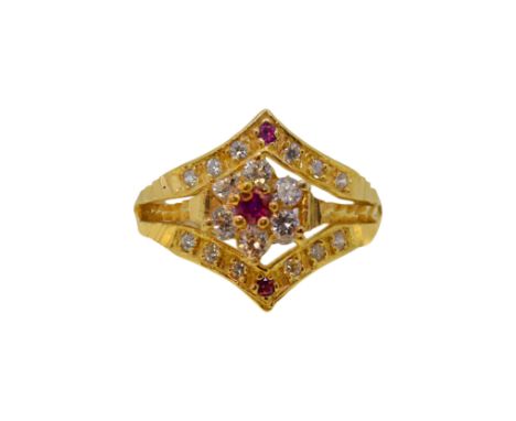 A 22ct gold synthetic ruby and cubic zirconia ring, width 15.5mm, size J, hallmarked 22ct gold, weight 5.6g