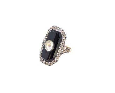 A 19th century paste panel ring, head dimensions 29 x 16mm, size O, tested as 9ct gold and silver, weight 6.4g, cased