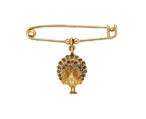 A gemset peacock brooch, stock pin style brooch suspending a peacock set with rose cut diamonds, emeralds and rubies (one sto