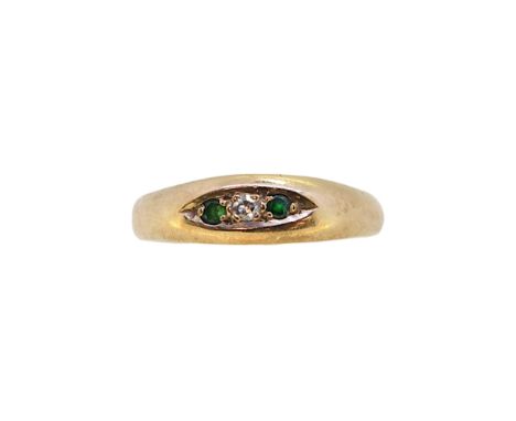 A 9ct gold emerald and diamond ring, width 4.9mm, size I, hallmarked 9ct gold, weight 1.5g