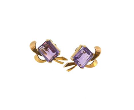 A pair of amethyst ear studs, each set with an octagonal amethyst, approximately 12 x 10mm, tested as 9ct gold, weight 7.4g