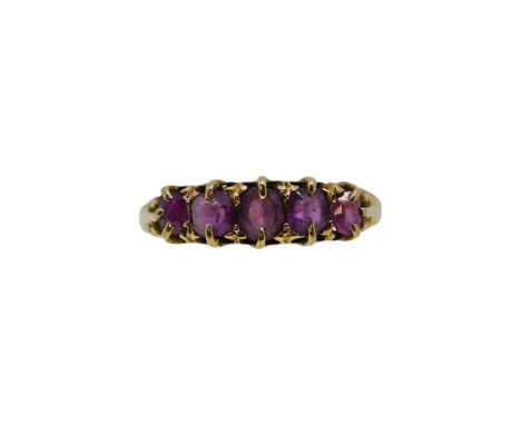 A five stone ruby ring, width 5.5mm, size N, stamped '18CT', weight 2.3g