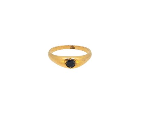 A single stone sapphire ring, width 5.6mm, size O, tested to at least 14ct gold, weight 5.2g
