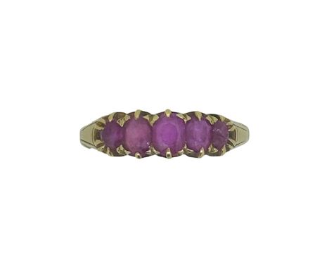 A five stone ruby ring, size P, tested as 9ct gold, weight 3.6g